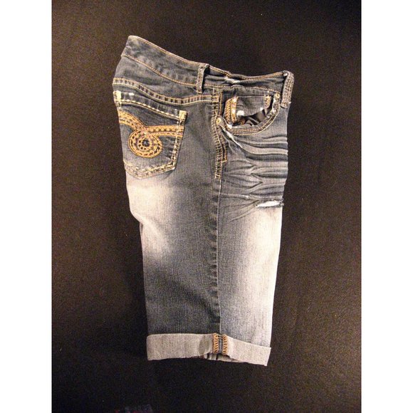 Rue21 Womans JEANS SHORTS 3/4 Curvy Long Low Rise W 27 Blue Denim Stretch - Picture 3 of 11